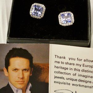 NEW Jean Dousset Princes Cut Blue Cubic Zirconia Halo Silver Earrings